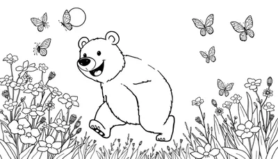 Un ours brun joyeux sautant dans un pré fleuri avec des papillons pour un color panel.