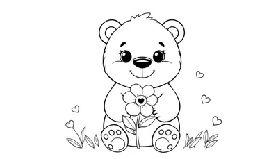 Dessin au trait d'un adorable ours en peluche assis avec une fleur pour colorer, faisant partie d'un color panel.