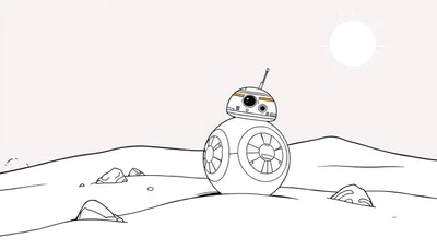 BB-8, le droïde sphérique de Star Wars, roule sur un désert sablonneux sous un soleil stylisé, une page de coloriage en noir et blanc avec des touches d'orange.