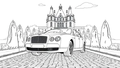 Dessin au trait noir et blanc d'une Bentley devant un grand château, avec des arbres taillés, une page de coloriage.