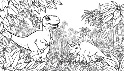 Dessin au trait d'un dinosaure T-Rex et de son petit dans une jungle, avec un stégosaure à droite. Une page de coloriage, color panel.