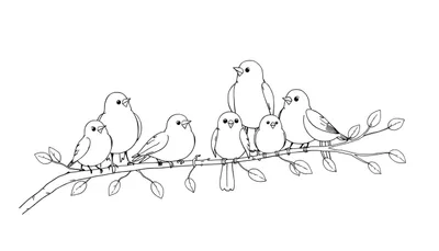 Page de coloriage d'oiseaux joyeux sur une branche, color panel