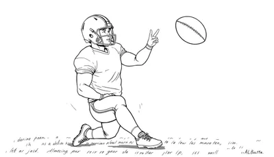 Joueur de football américain à genoux lançant le ballon, avec un texte manuscrit en bas.
