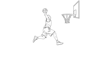 Page de coloriage d'un joueur de basket-ball effectuant un dunk, dans un style dessin au trait simple.