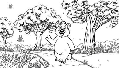 Un ours souriant agitant la patte dans une forêt colorée, page de coloriage.