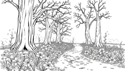 Dessin au trait d'un sentier forestier avec des arbres et des fleurs pour une page de coloriage.