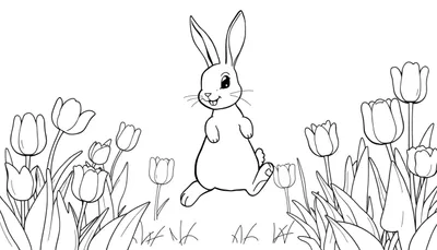 Un lapin au trait noir et blanc dessinant dans un champ de tulipes, conçu pour un panneau coloré.