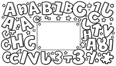 Un panneau de coloriage avec des lettres, des chiffres et des étoiles.