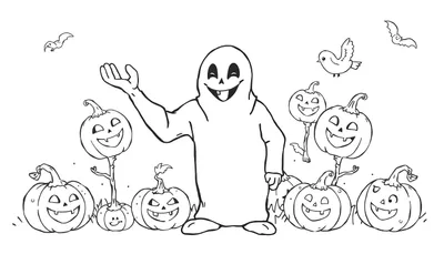 Un fantôme amical agitant la main avec des citrouilles et des chauves-souris dans un panneau de coloriage d'Halloween.