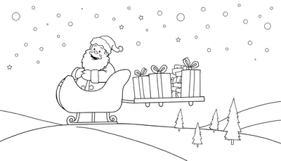 Page de coloriage de Noël avec le Père Noël et son traîneau, faisant partie d'un panneau de coloriage.