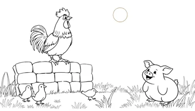 Image de dessin au trait d'une ferme avec un coq, des poussins, un autre oiseau et un cochon. Un soleil est visible dans le ciel.