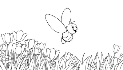 Dessin au trait d'un papillon souriant volant au-dessus d'un champ de tulipes en bourgeons et d'herbe. Idéal pour un color panel.