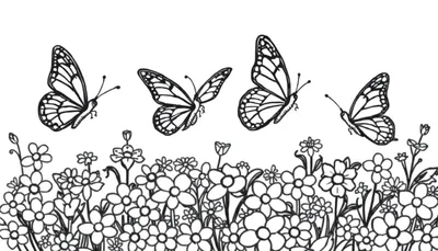 Dessin au trait noir et blanc de quatre papillons voletant au-dessus d'un champ de fleurs. Le design est idéal pour une activité de coloriage. Color panel.