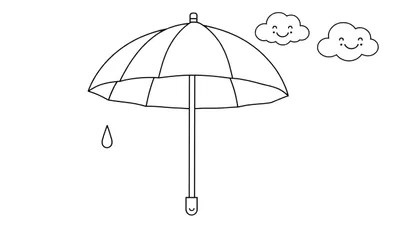 Dessin d'un parapluie avec deux nuages souriants et une goutte de pluie. Ce color panel est prêt pour le coloriage!