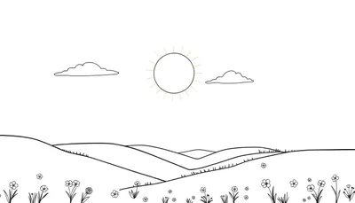Un dessin au trait minimaliste d'un paysage avec des fleurs au premier plan, des collines ondulantes et un soleil entouré de nuages dessinés au trait. Parfait pour le color panel.