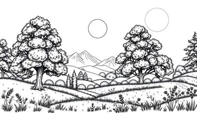 Paysage dessiné en noir et blanc avec des arbres, des montagnes et deux cercles dans le ciel, invitant à la coloration.