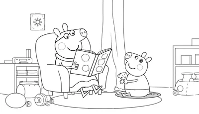 Une plaque en noir et blanc de Mama Pig lisant une histoire à Peppa.