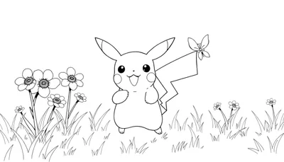 Pikachu joyeux dans un champ de fleurs, prêt à être coloré.