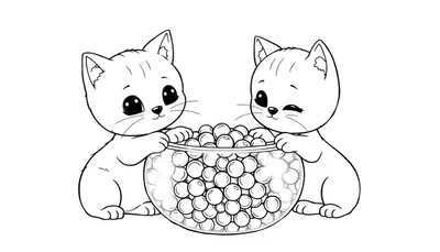 Deux chatons kawaii noirs et blancs sur une plaque de coloriage, regardant dans un bol de billes.