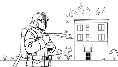 Dessin au trait d'un pompier éteignant un feu avec une lance à eau, adapté pour un livre de coloriage.