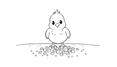 Un poussin mignon mange des graines, une page à colorier.