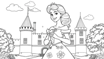 Princesse souriante devant un château, avec une baguette magique, coloriage