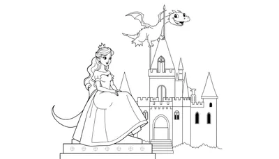 Dessin au trait d'une princesse assise sur une plate-forme devant un château avec un dragon volant au-dessus, color panel.