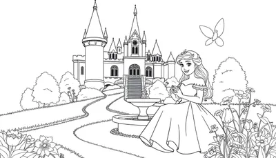 Princesse assise près d'une fontaine avec un château en arrière-plan, prête à être coloriée.