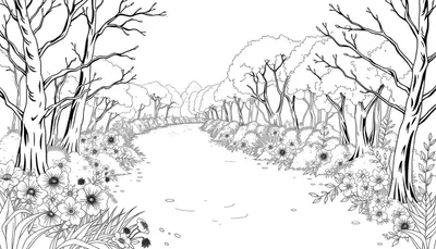 Chemin dans une forêt avec des arbres nus et des fleurs dessinés en détail.