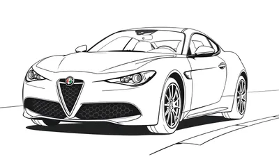 Dessin au trait d'une voiture de sport Alfa Romeo pour coloriage, avec un panneau coloré.