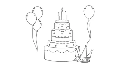 Image à colorier d'un gâteau d'anniversaire avec des ballons et une couronne.