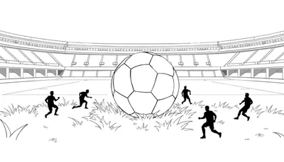 Un terrain de football en noir et blanc avec des silhouettes de joueurs et un grand ballon.