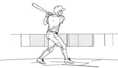 Illustration en noir et blanc d'un joueur de baseball droitier en position de frappe avec un casque et une batte levée, devant une clôture à mailles losangées et un terrain marqué.