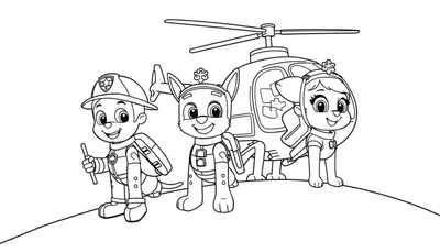 Un dessin au trait de Marcus, Chase et Stella de la Pat' Patrouille devant un hélicoptère sur une colline, prêt pour une mission.
