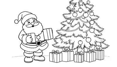 Un dessin au trait du Père Noël à gauche, tenant un cadeau, debout devant un sapin de Noël décoré à droite, avec des cadeaux à sa base. Un color panel prêt à être utilisé.