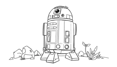 Dessin au trait de R2-D2 sur des rochers avec de l'herbe, style livre de coloriage.