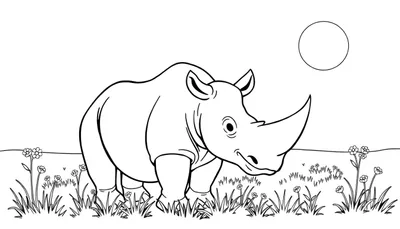 Dessin au trait d'un rhinocéros dans une prairie, prêt pour un coloriage, color panel.