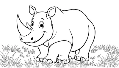 Un dessin de rhinocéros souriant en noir et blanc dans un champ d'herbe, prêt à être coloré dans un color panel.