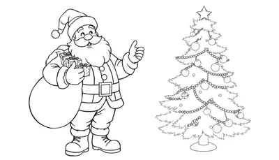 Saint-Nicolas joyeux donne un pouce levé près d'un sapin de Noël décoré, avec des cadeaux.