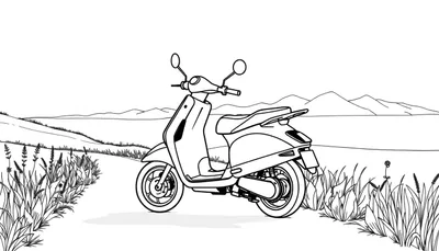 Un scooter sur un chemin de campagne, prêt pour une aventure colorée.