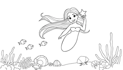 Une sirène souriante tenant une étoile de mer, entourée de poissons et de décorations sous-marines dans un style de dessin simple, idéal pour un color panel.