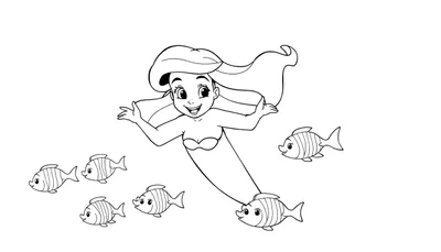 Dessin au trait d'une sirène souriante avec des poissons amicales, parfait pour un color panel.