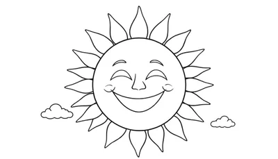 Dessin au trait noir et blanc d'un soleil souriant avec des rayons, entouré de deux petits nuages. Un color panel pour le plaisir de colorier.