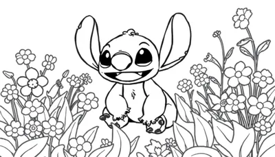 Stitch entouré de fleurs, prêt à être colorisé.