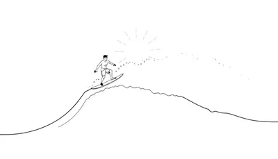 Dessin en noir et blanc d'un surfeur sur une vague sous un soleil stylisé.