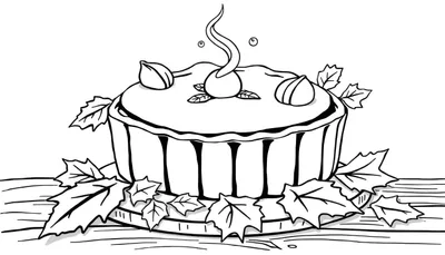 Illustration en noir et blanc d'une tarte automnale décorée de noisettes et de feuilles sur une planche à découper.