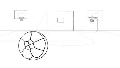 Dessin au trait noir d'un terrain de basket avec un ballon, deux paniers et un panneau central.