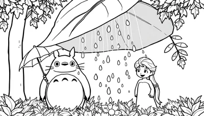 Planche couleur de Totoro et Elsa se tenant sous une grande feuille comme parapluie pendant qu'il pleut dans une forêt.