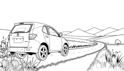 Dessin au trait d'une Toyota sur une route de campagne, avec des montagnes et un arbre.