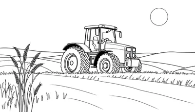 Un dessin au trait d'un paysage agricole avec un tracteur rouge au premier plan.